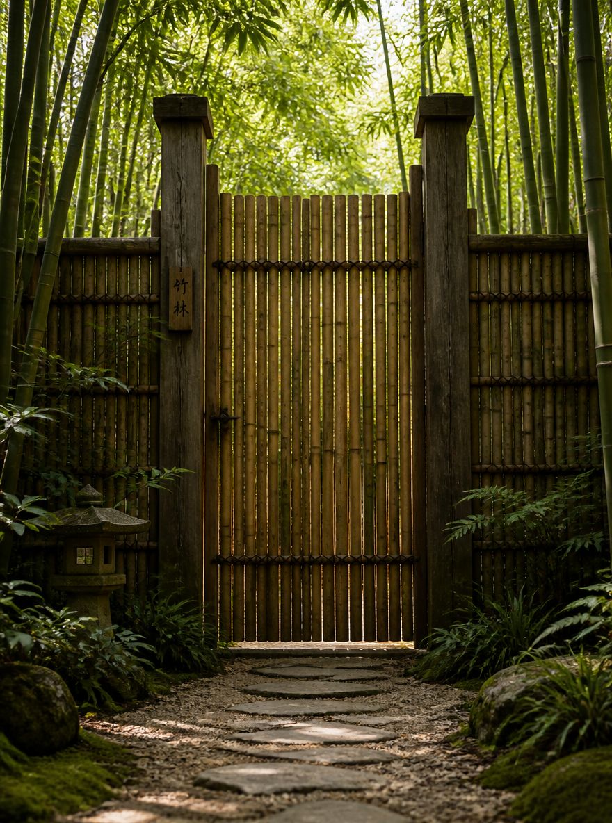 Puerta de bambú atada con cordón oscuro