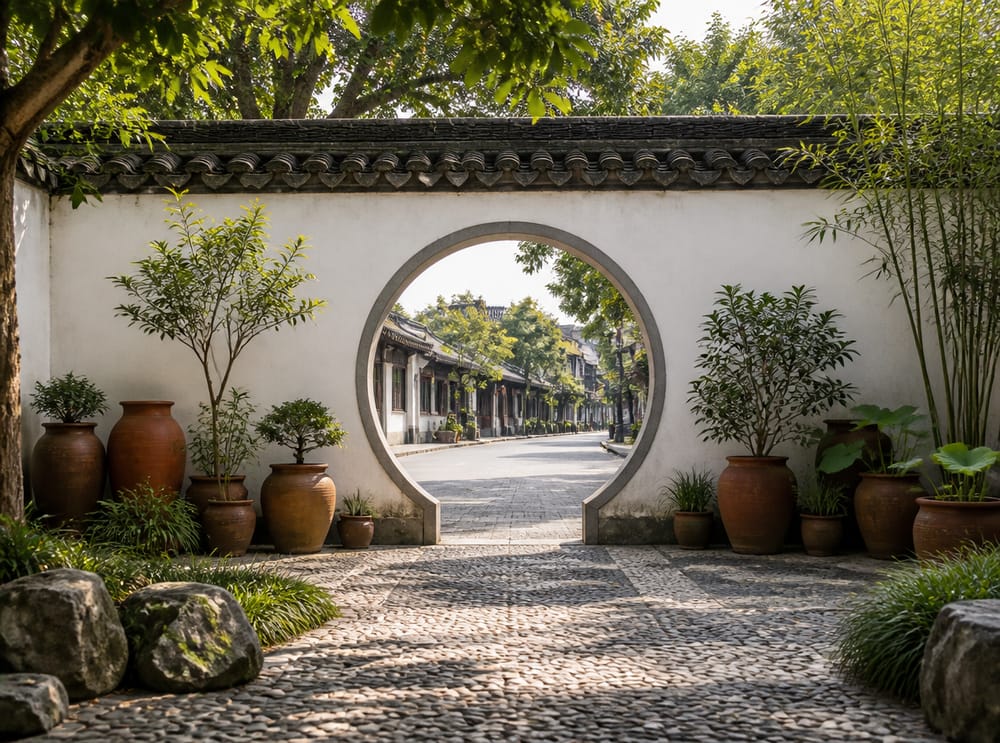 Puerta lunar circular en muro encalado