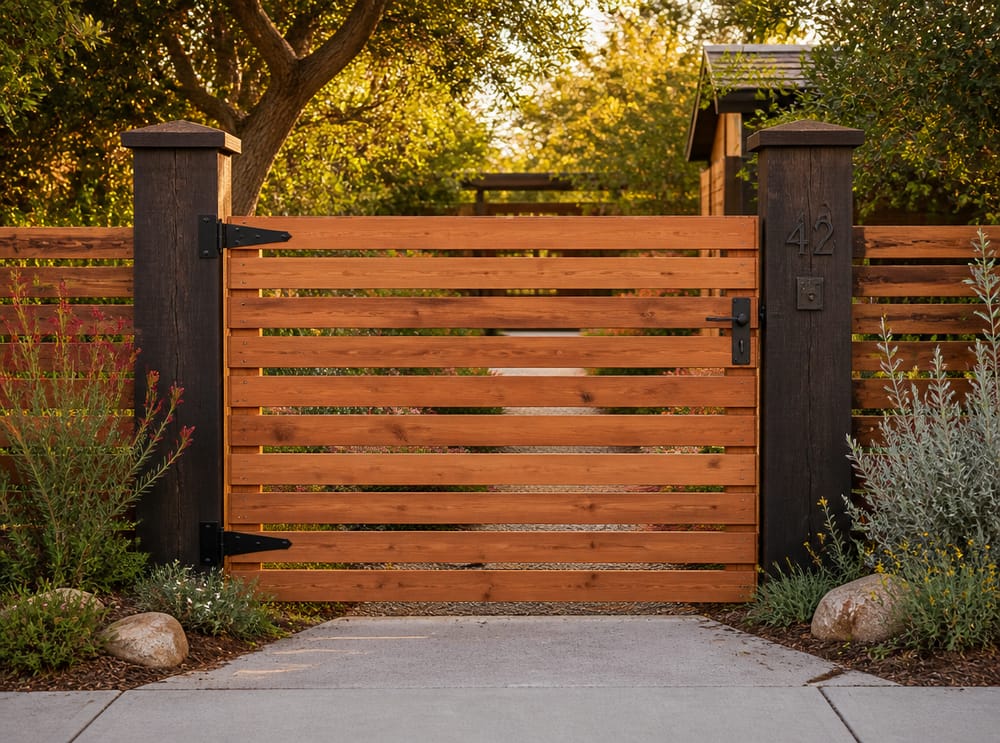 Puerta DIY de listones de cedro con herrajes negros de hierro