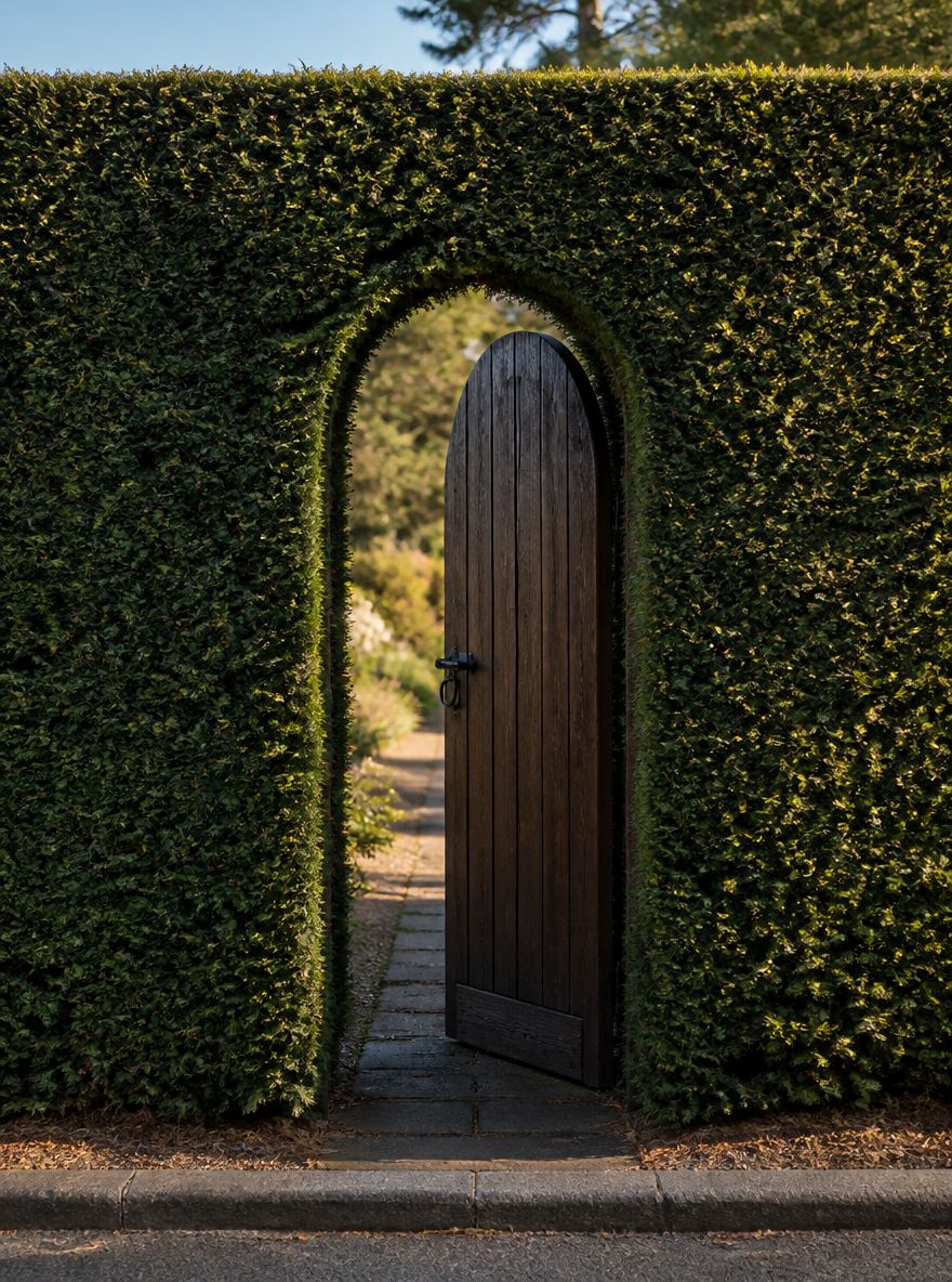 Puerta arqueada de roble en seto podado de tejo