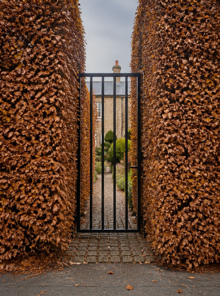 Puerta de barras negras en seto de haya cobriza