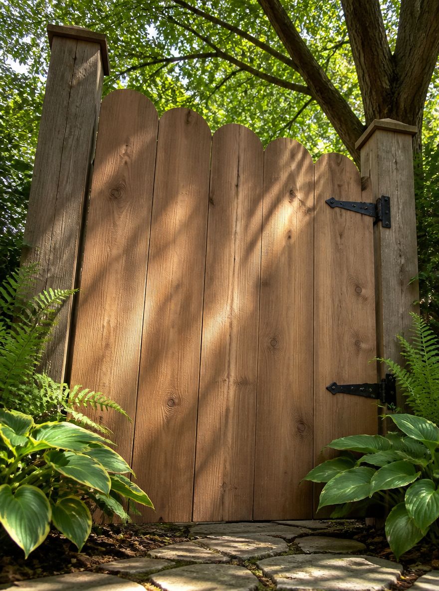 Puerta de cedro ondulada con helechos a la base