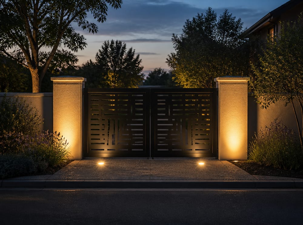 Puertas de acero negro mate iluminadas desde abajo al atardecer