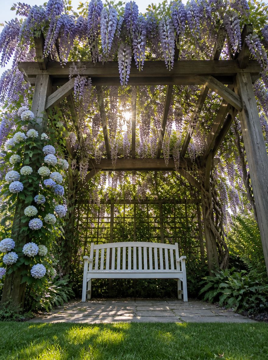 Banco blanco bajo una pérgola de cedro cubierta de glicinas