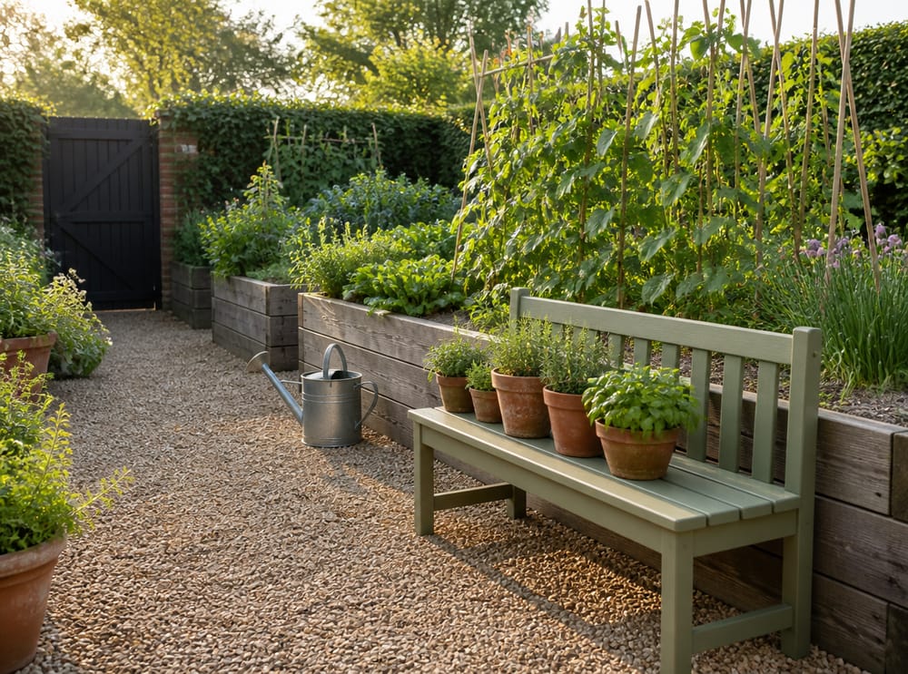 Banco verde salvia junto a un bancal de hortalizas elevado