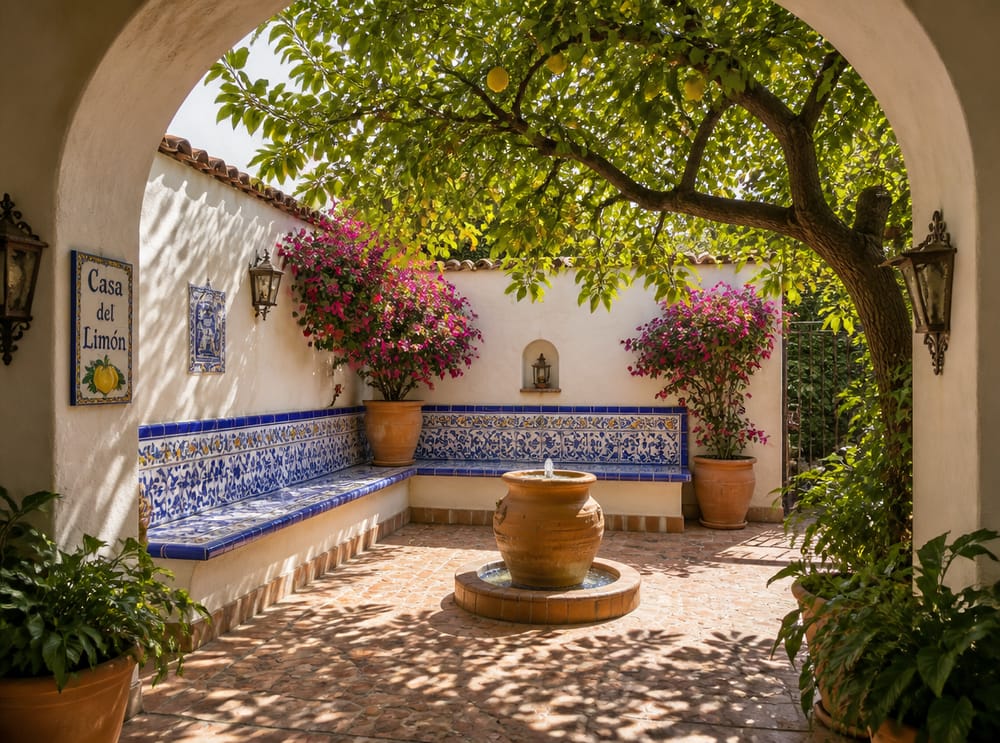 Banco de mampostería revestido de azulejos en un patio mediterráneo