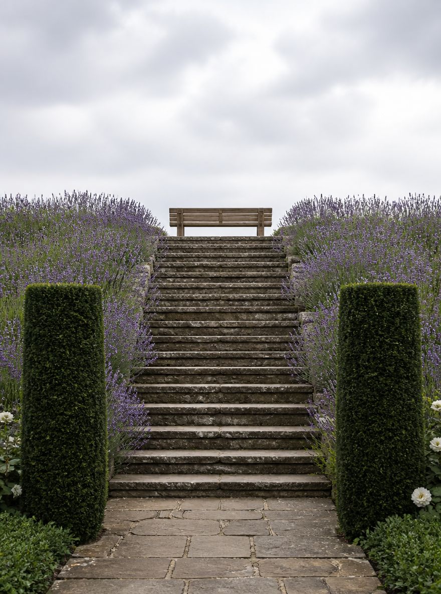 Banco de madera noble en lo alto de escalones bordeados de lavanda