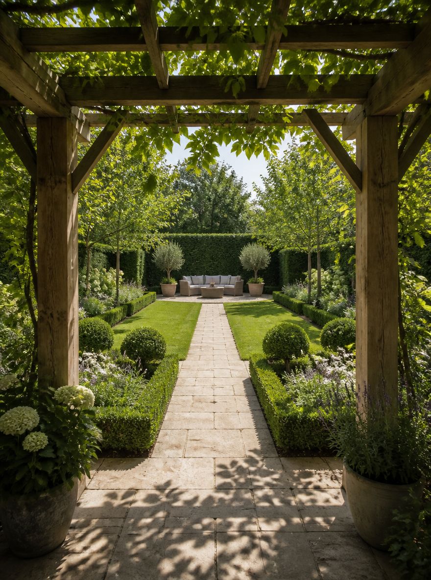 Pergola orámující rovnou cestu k kruhovému posezení