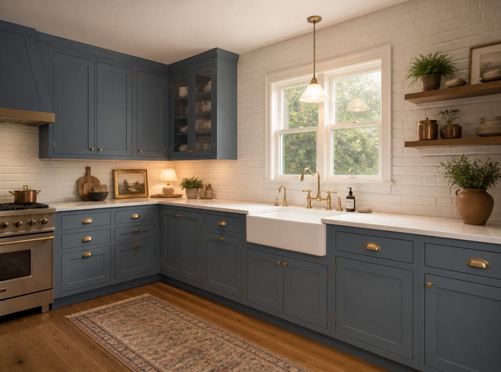 Cocina azul empolvado en L con fregadero estilo granja