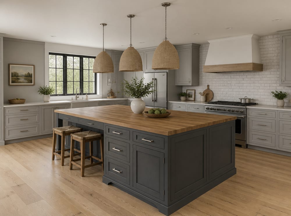 Cocina bicolor en tonos grises con isla de madera maciza