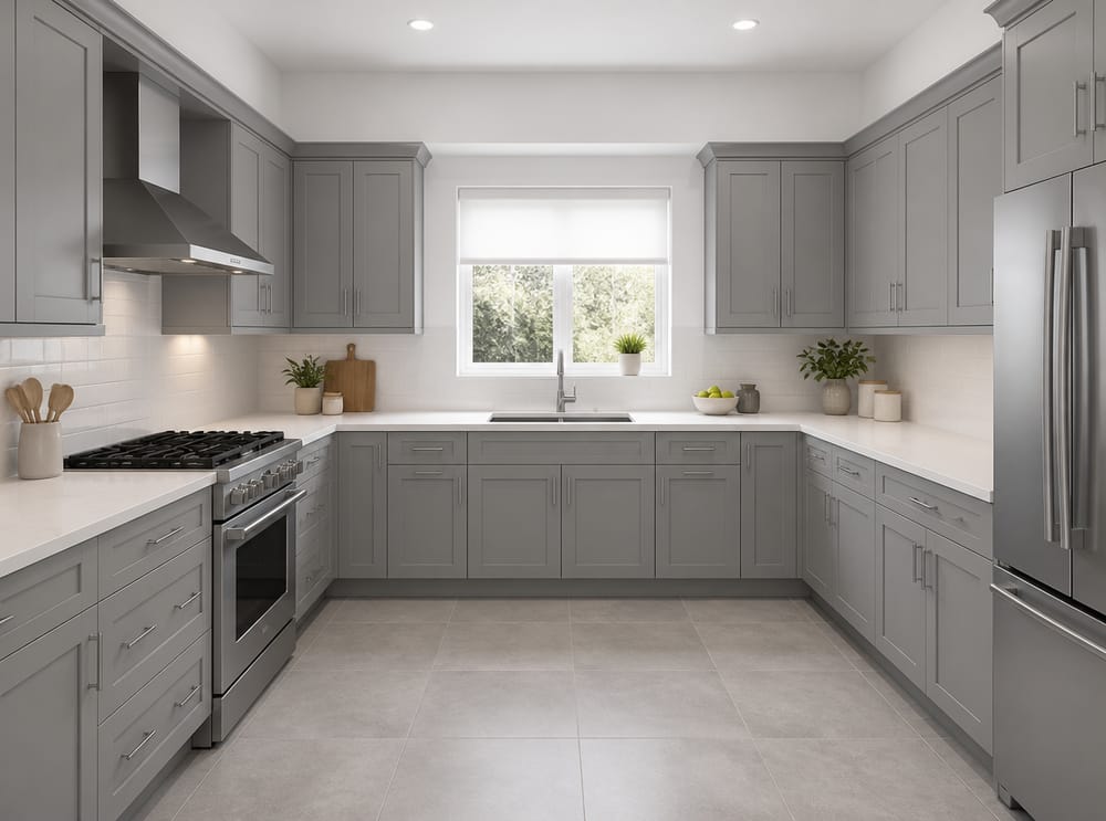 Cocina shaker gris frío en U con encimeras de cuarzo continuas