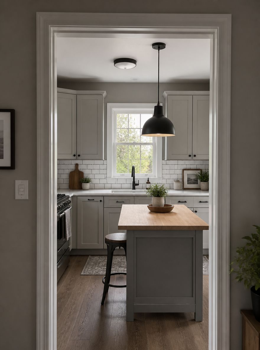 Cocina shaker gris compacta vista desde la puerta