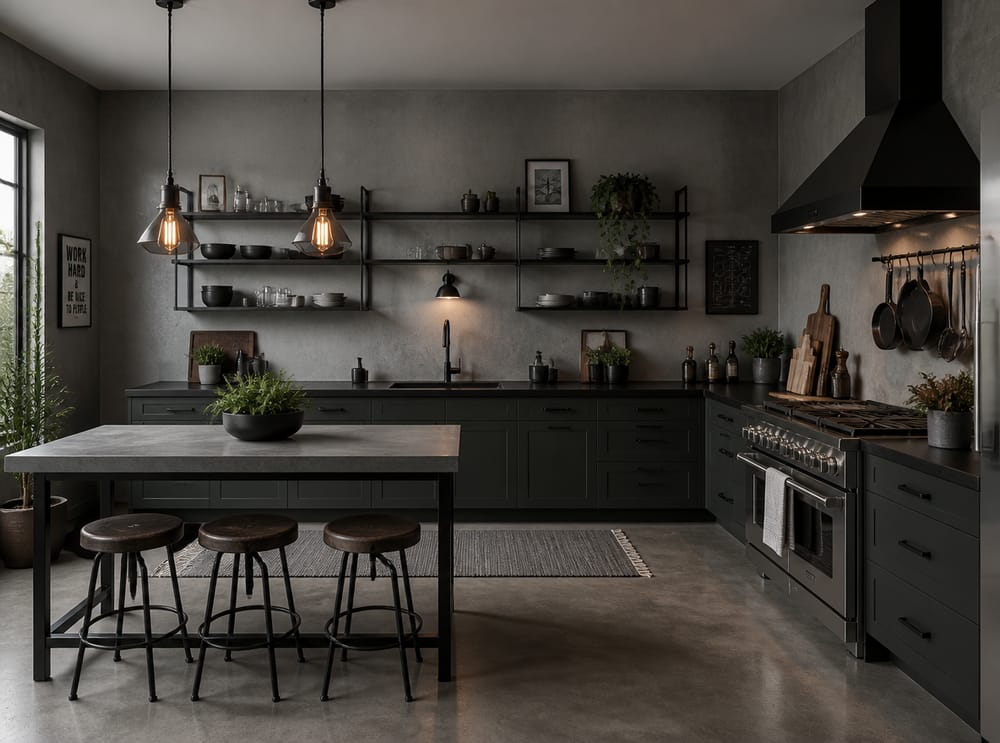 Cocina industrial gris oscuro con repisas abiertas de acero negro
