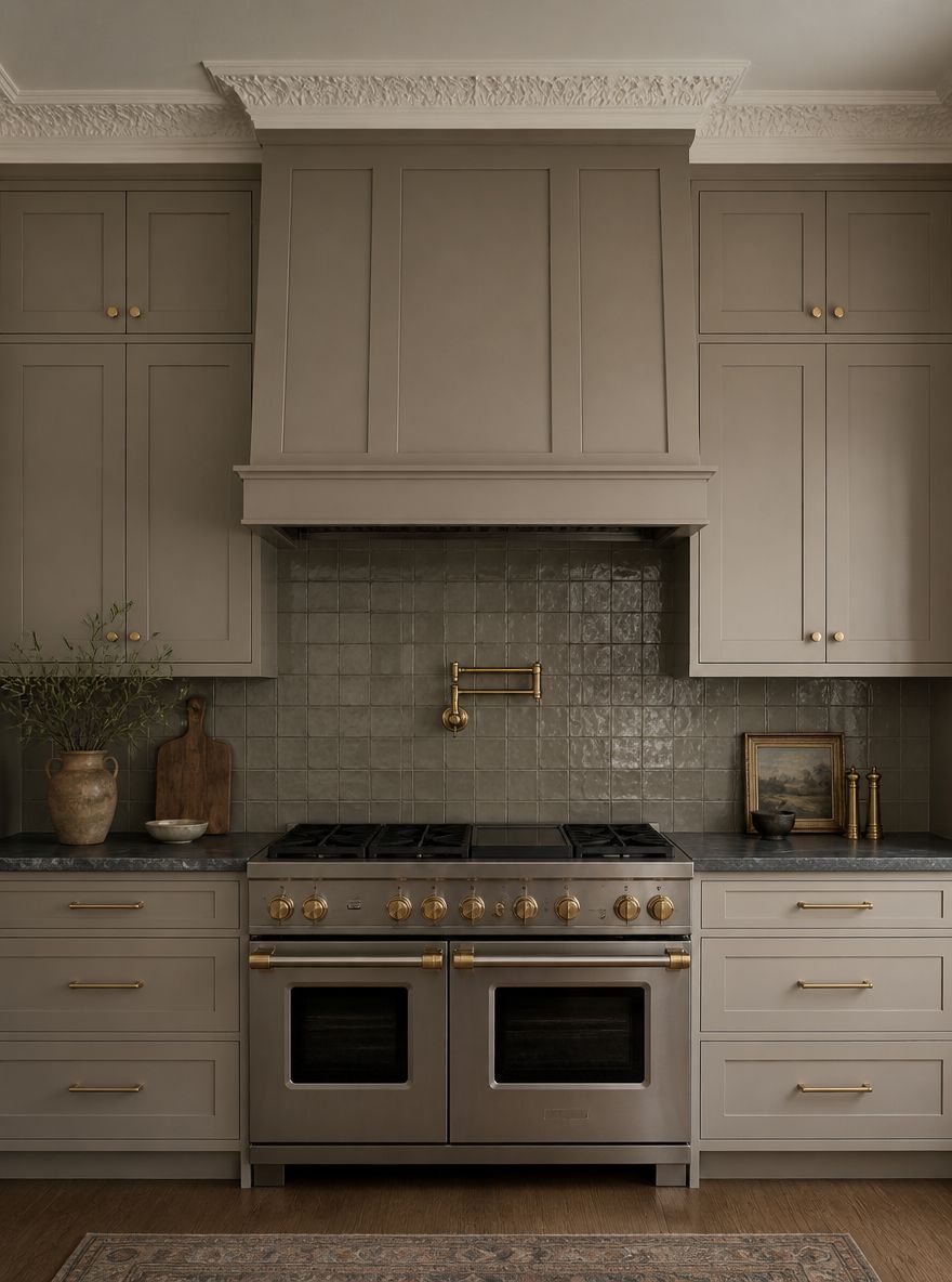 Muro de horno shaker greige, azulejo zellige y grifo dorado