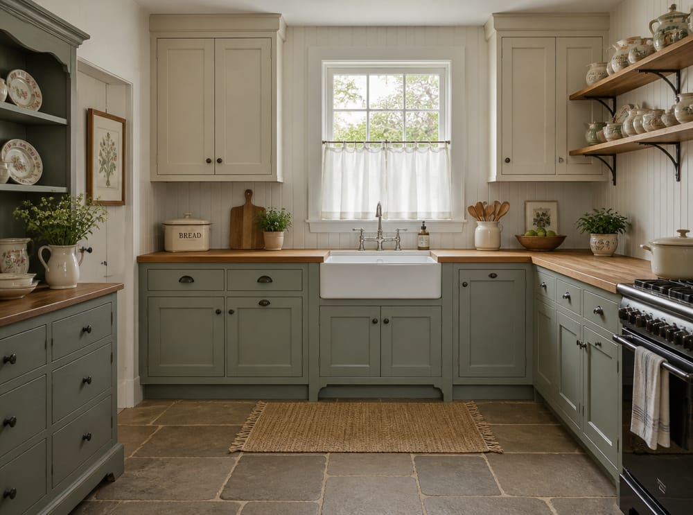 Cocina cottage gris salvia con cubierta de madera y fregadero Belfast