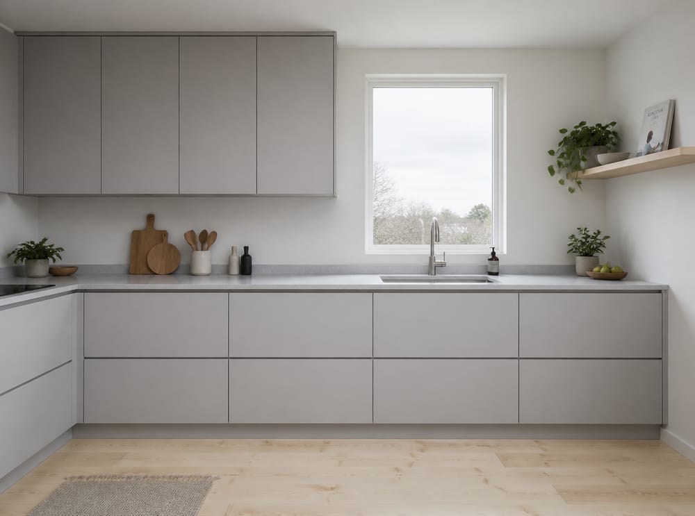 Cocina escandinava gris claro de frente plano y piso de abedul