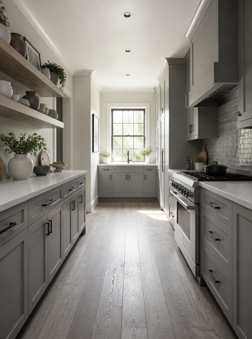 Cocina pasillo gris con ventana como punto focal