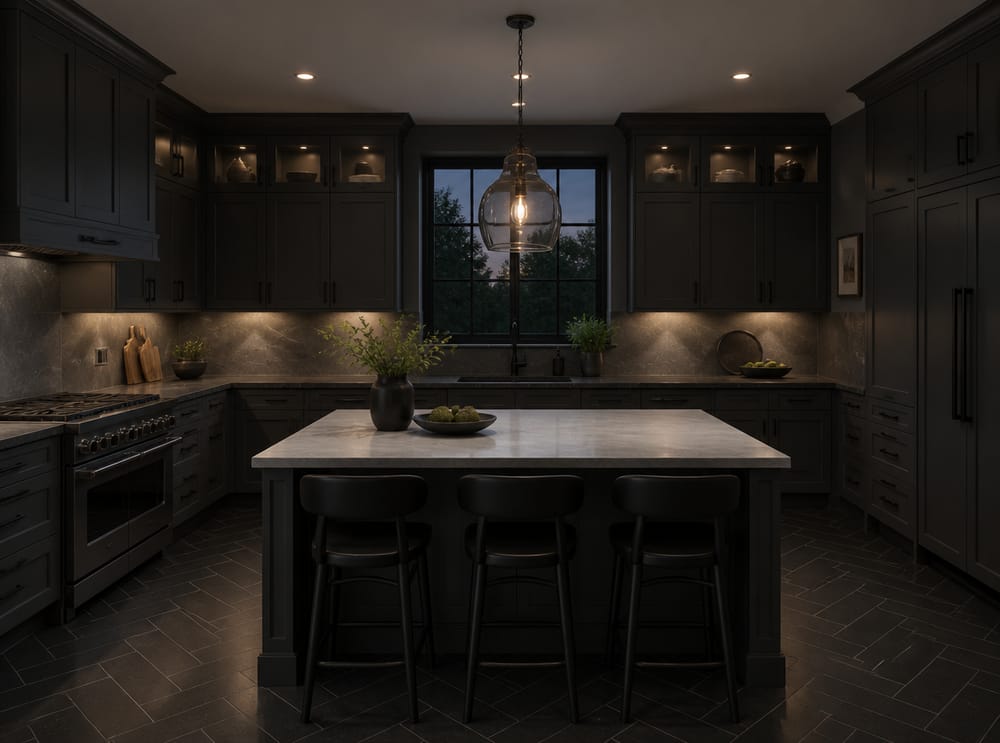 Cocina carbón dramática con lámpara de vidrio ahumado y luz nocturna