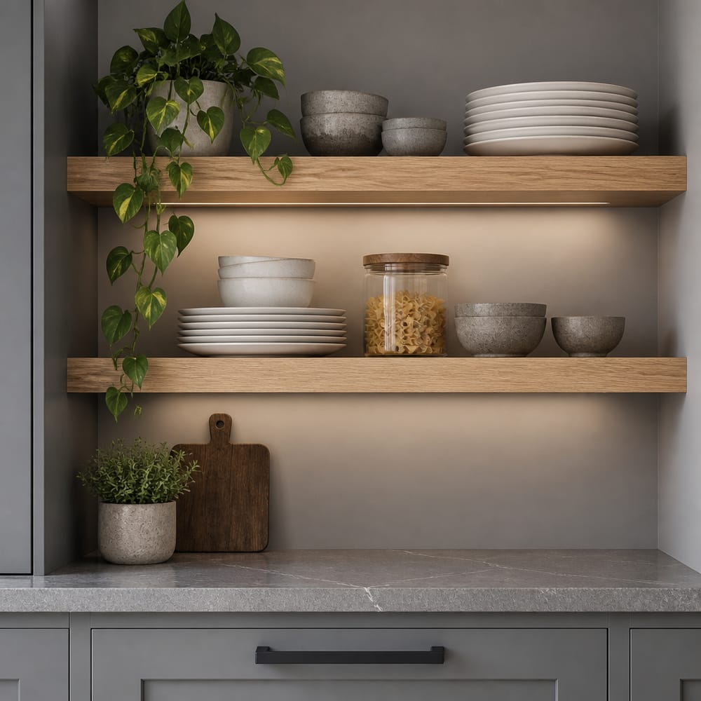Repisas flotantes de roble sobre pared gris y base shaker