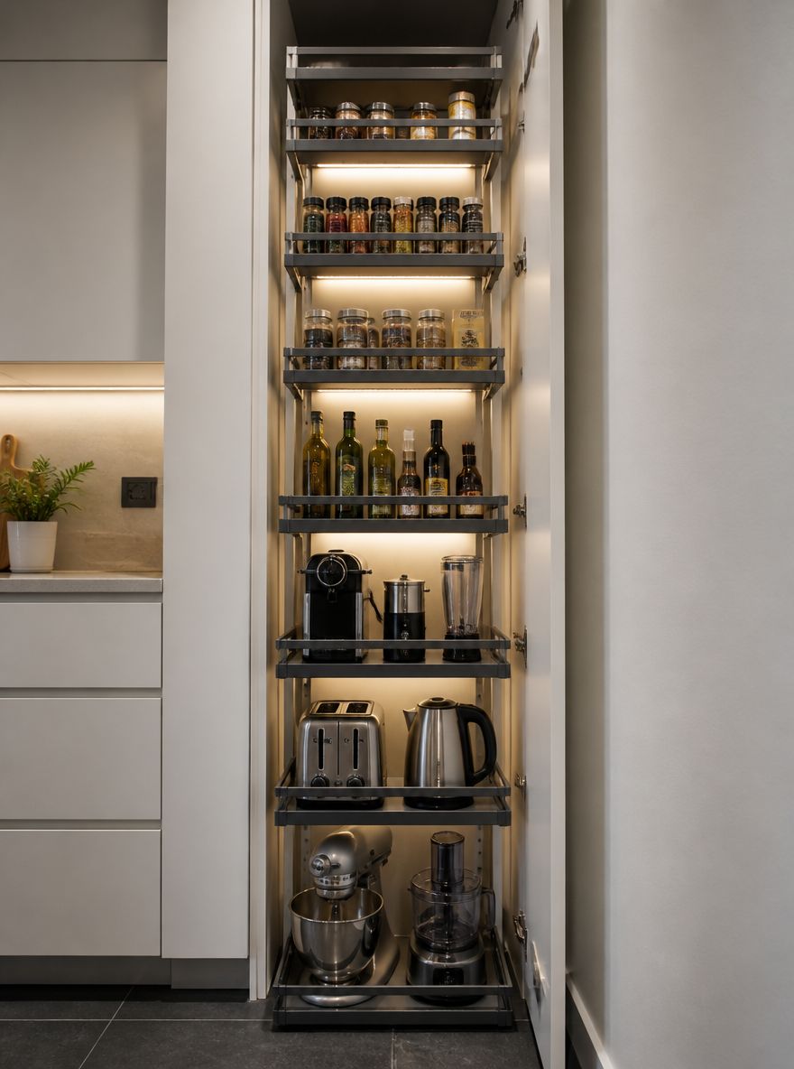 Columna de estantería extraíble extendida desde el gabinete de pared
