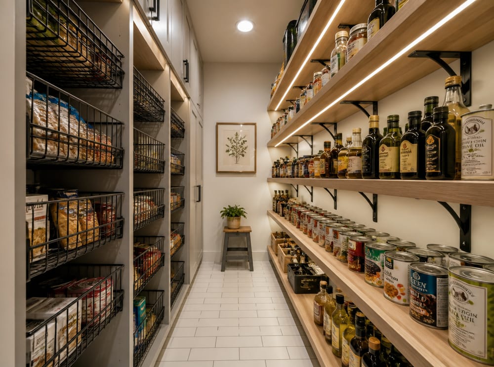 Despensa tipo galería con canastas de alambre extraíbles y estantes de madera