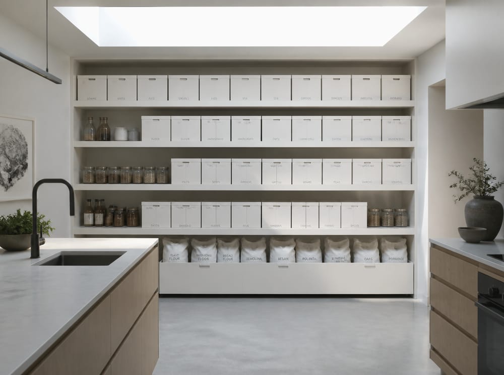 Pared de despensa blanca minimalista con cajas etiquetadas uniformes