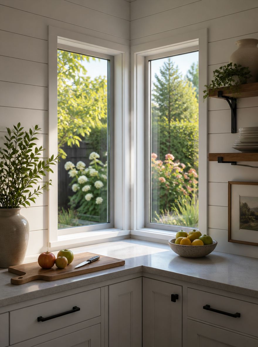 Ventanas esquinadas rodeando la encimera hacia el jardín
