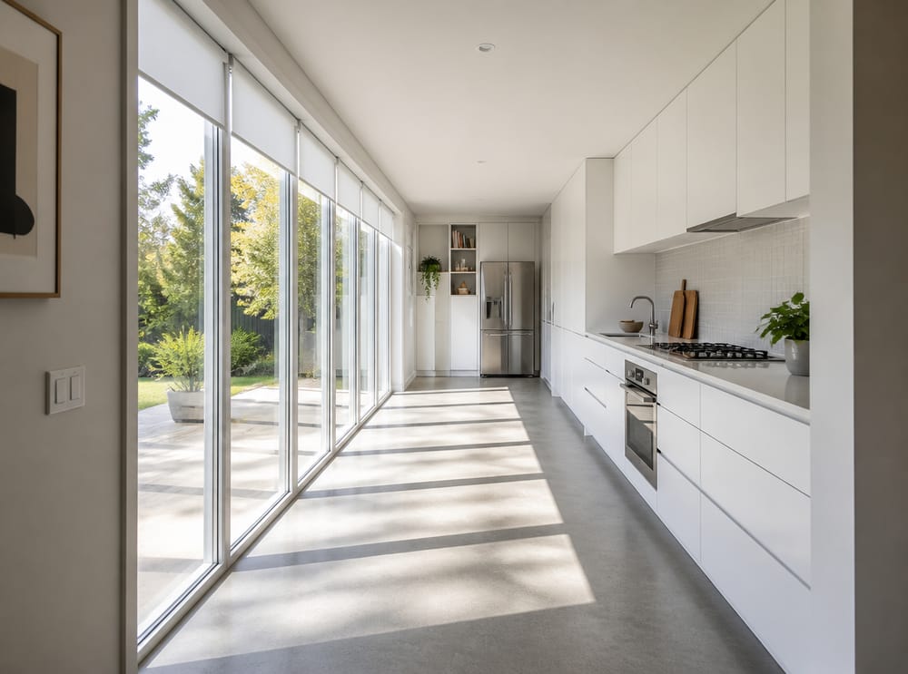 Ventanas del piso al techo iluminando una cocina minimalista