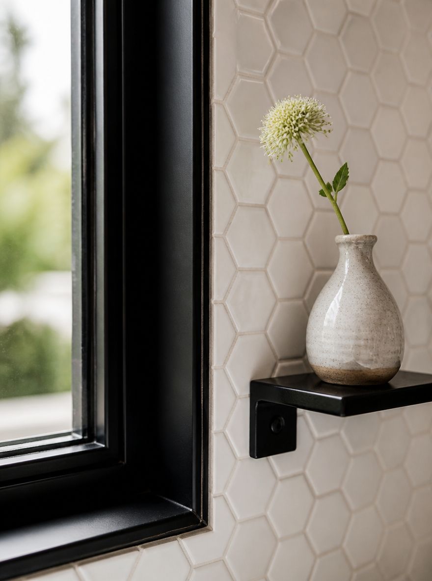 Marco negro en contacto con azulejo hexagonal en el borde de la ventana