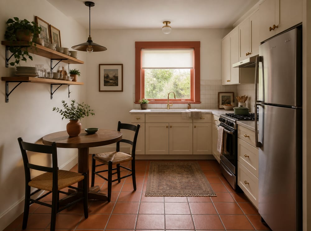 Ventana con marco de terracota que destaca una cocina pequeña