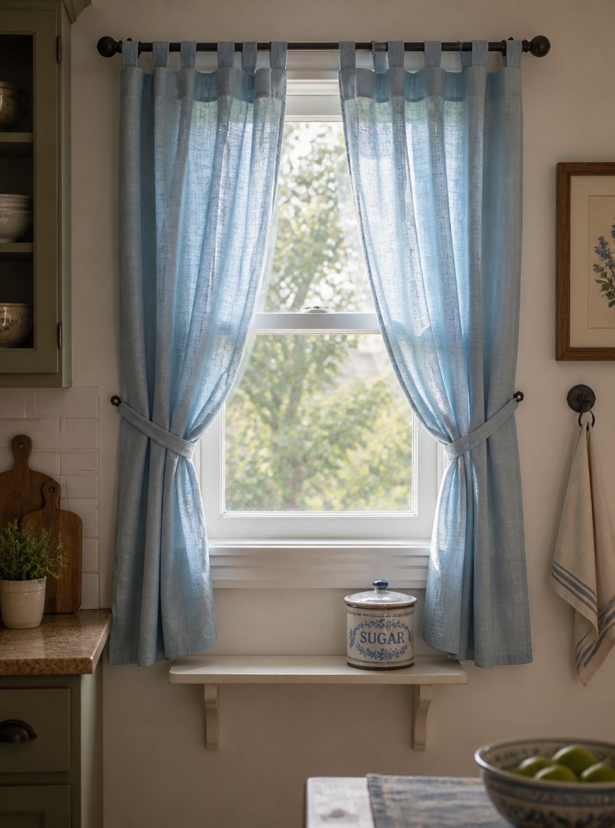 Paneles de lino azul opaco recogidos en la ventana