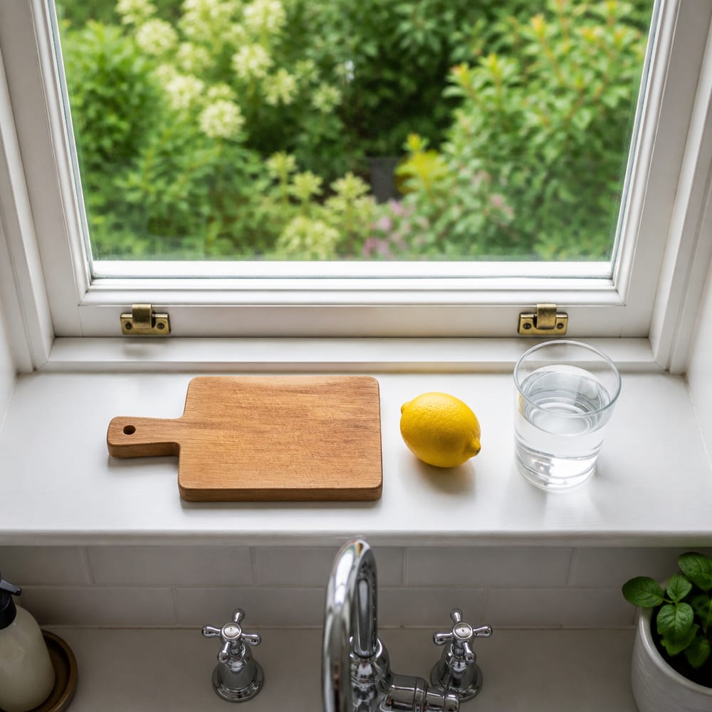 Vignette en alféizar superior con limón y vaso de vidrio