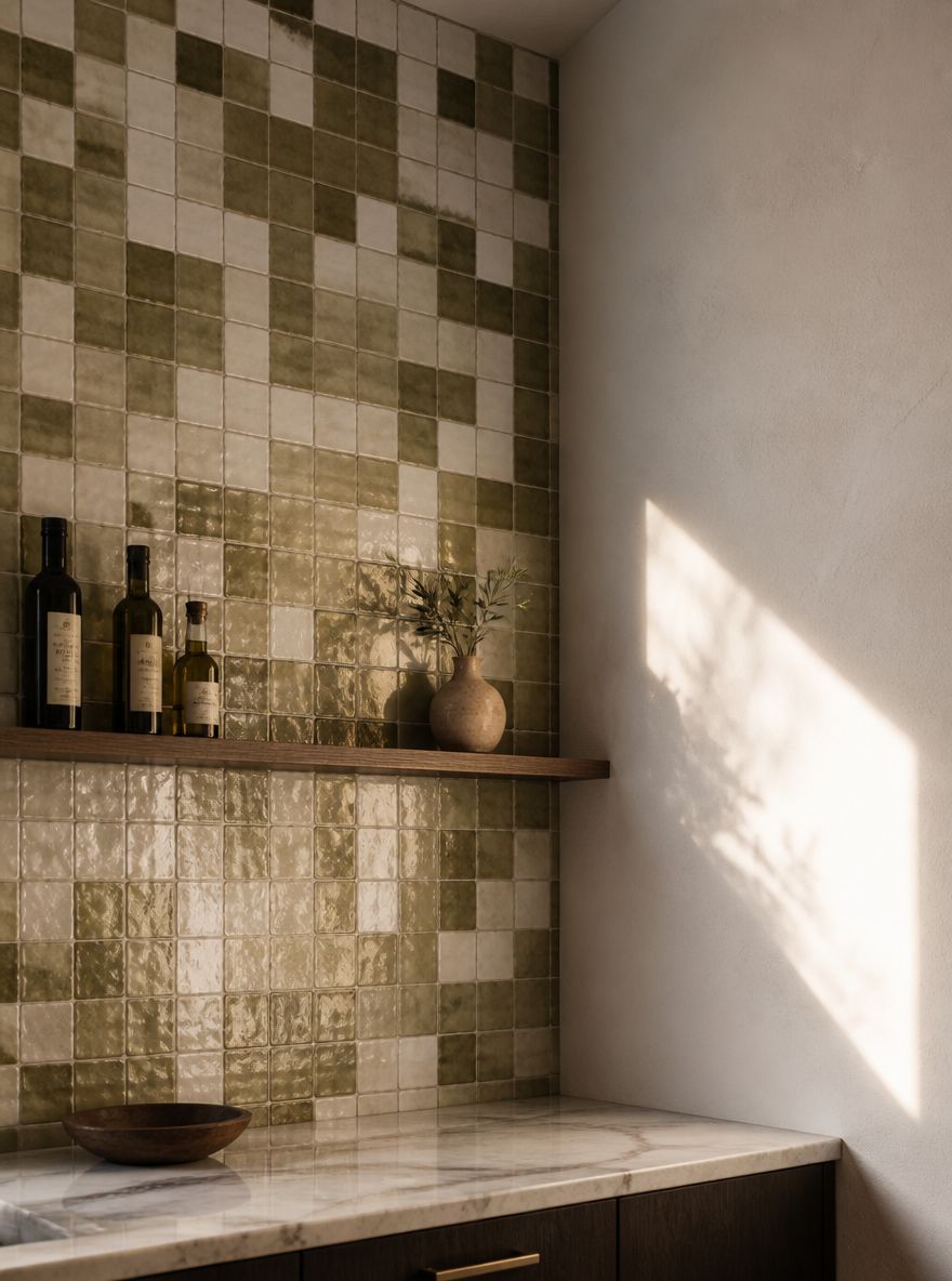 Pared de esquina con azulejos Zellige y estante fino