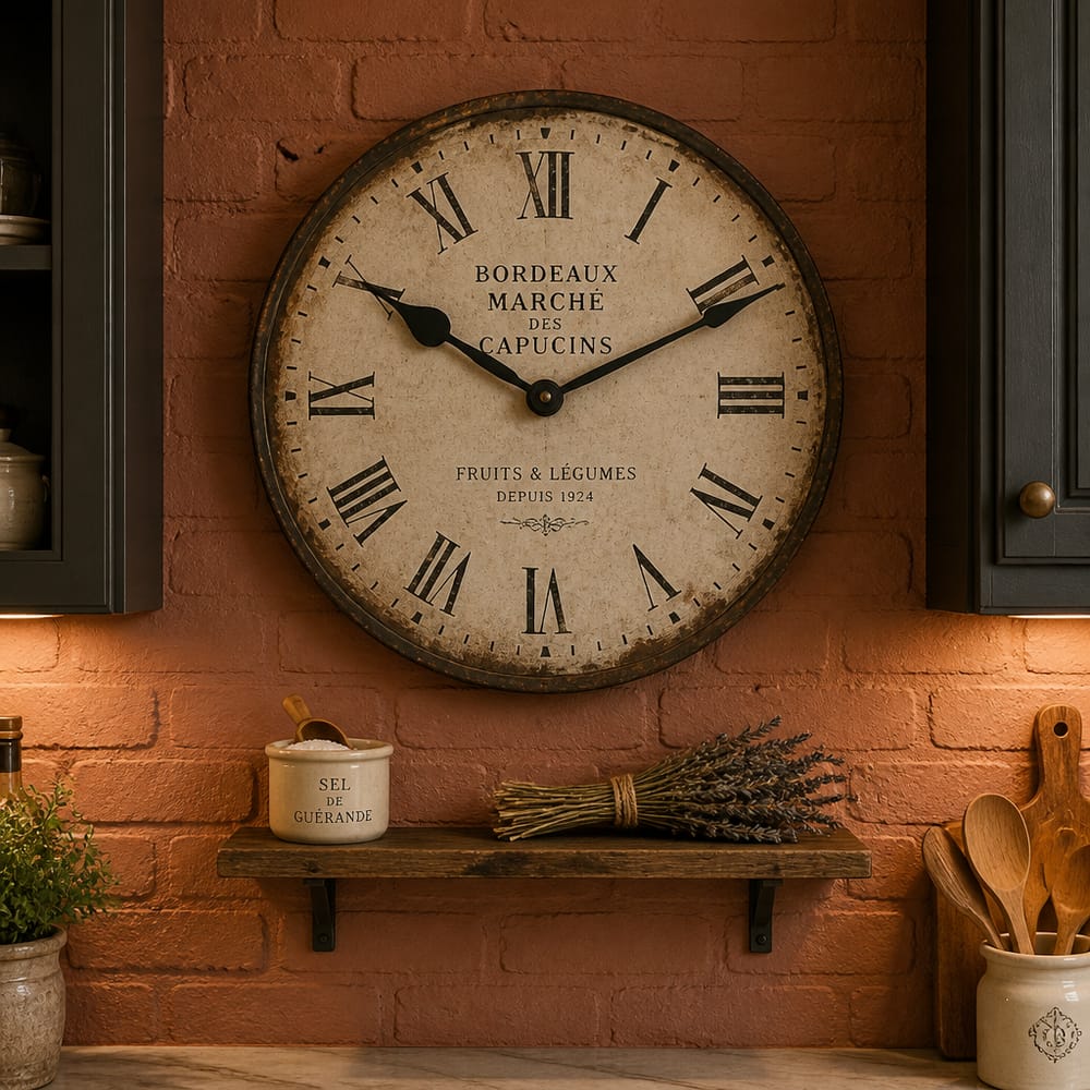 Reloj vintage sobre pared de ladrillo pintada