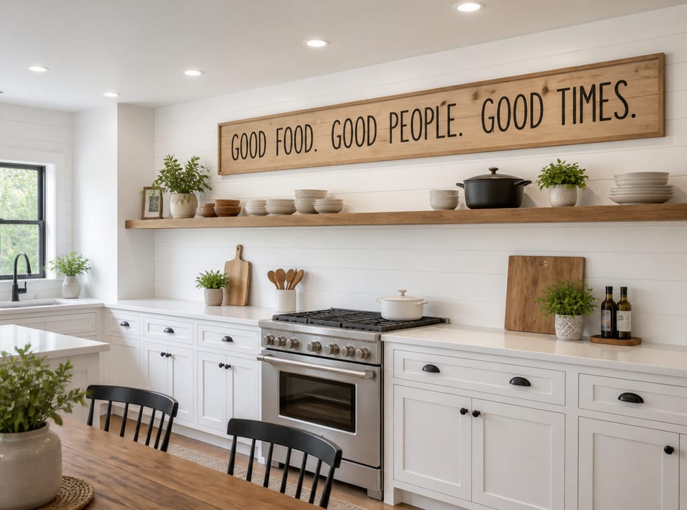 Letrero de madera caligrafiado sobre estantería de cocina