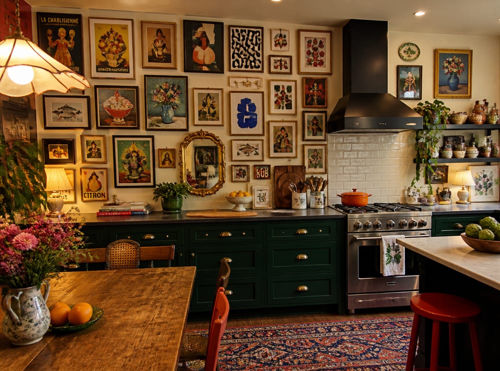 Galería de pared estilo salón junto a la cocina