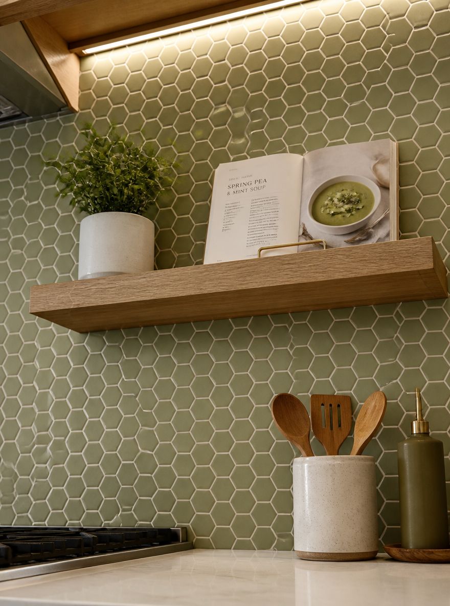 Azulejo hexagonal verde salvia con estante flotante de roble
