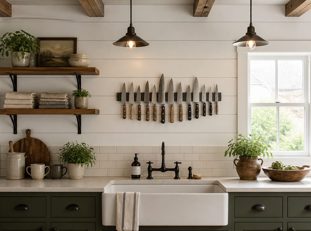 Cinta magnética para cuchillos entre ventanas estilo farmhouse
