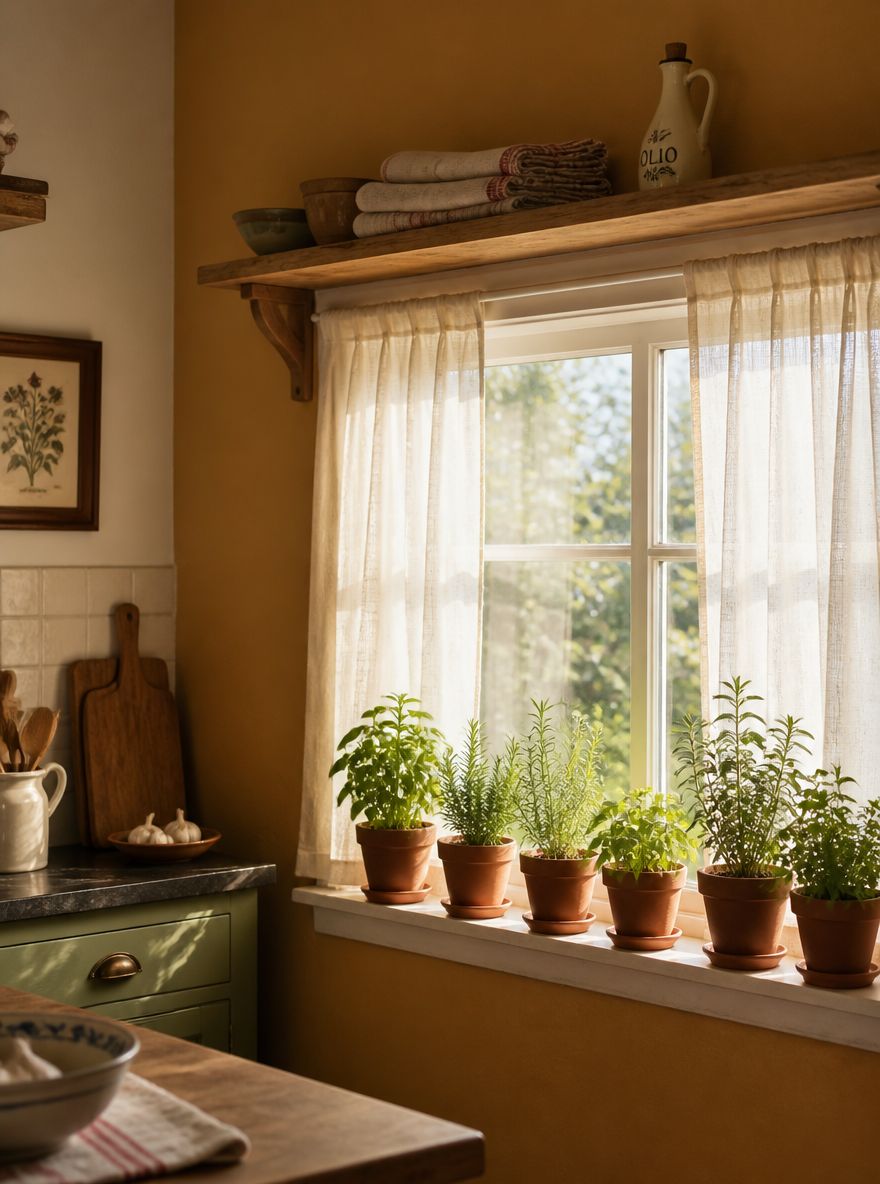 Macetas de hierbas y estante enmarcando la ventana de la cocina