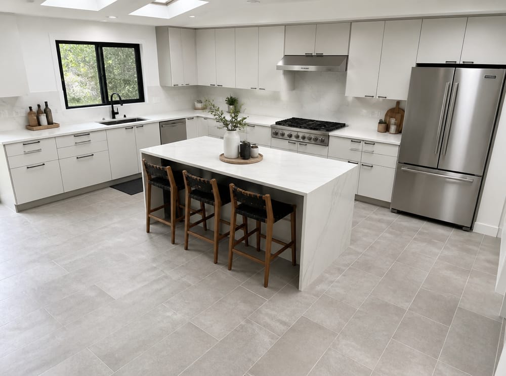 Patrón de porcelanato gris tipo ladrillo, grifería negra mate