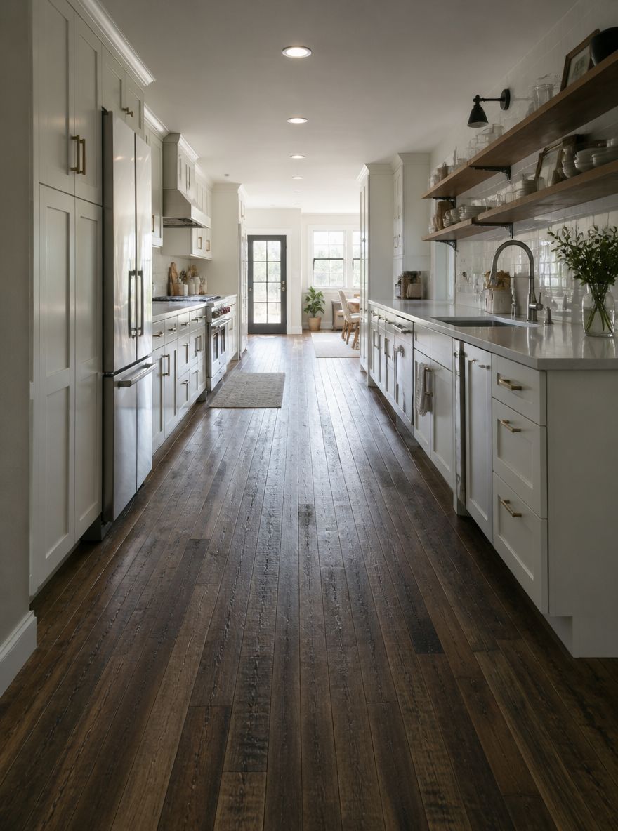 Listones de madera recuperada en cocina galería marrón envejecido