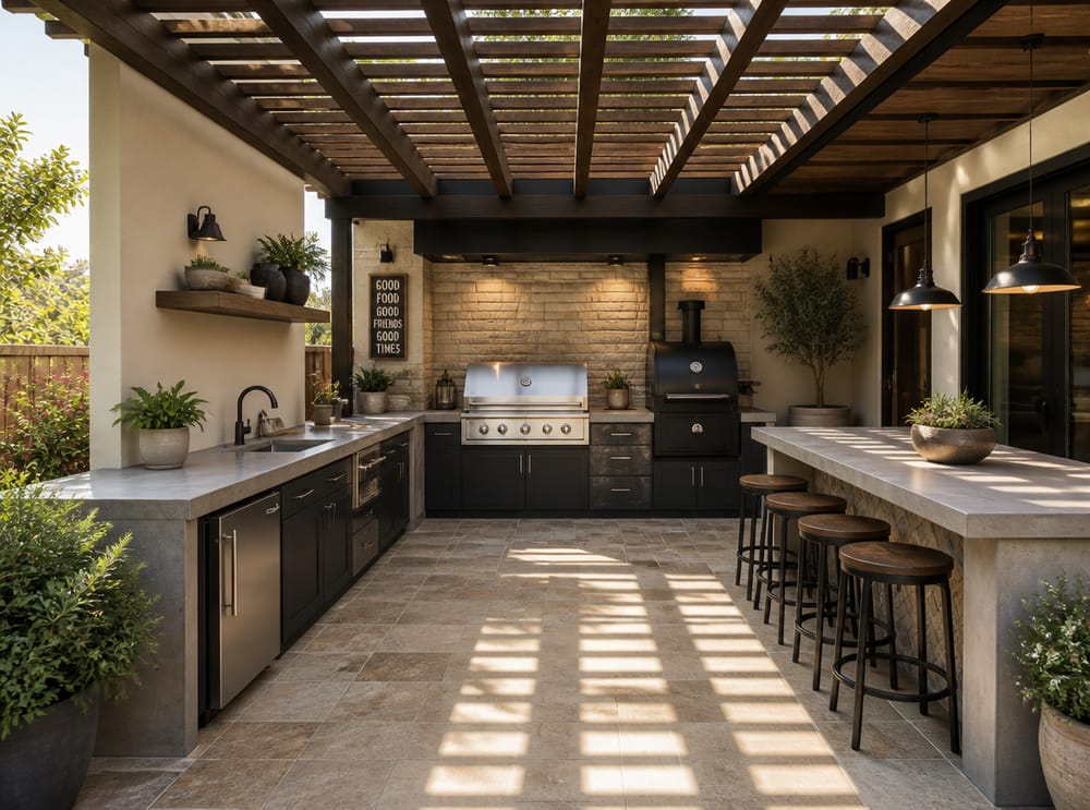 Cocina bajo pérgola con estación de parrilla integrada