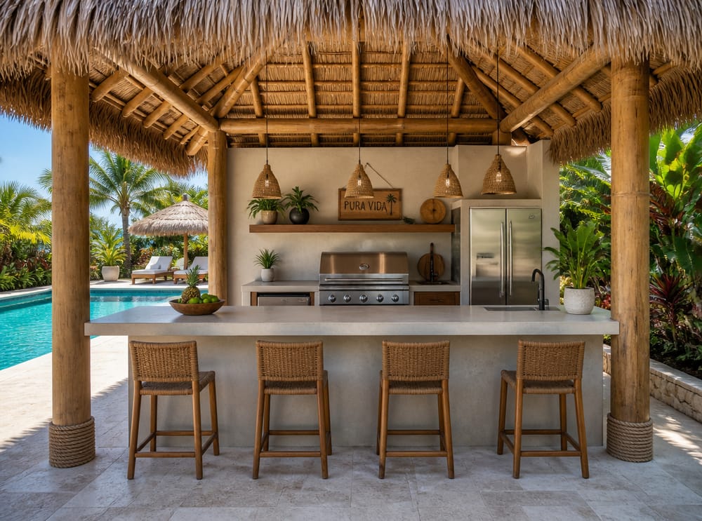 Barra de cocina junto a la piscina con techo de palapa