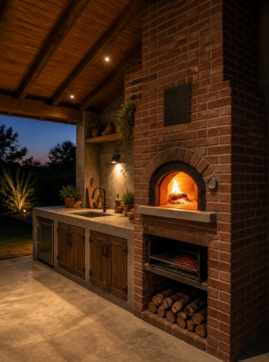 Chimenea de ladrillo con horno de leña para pizza