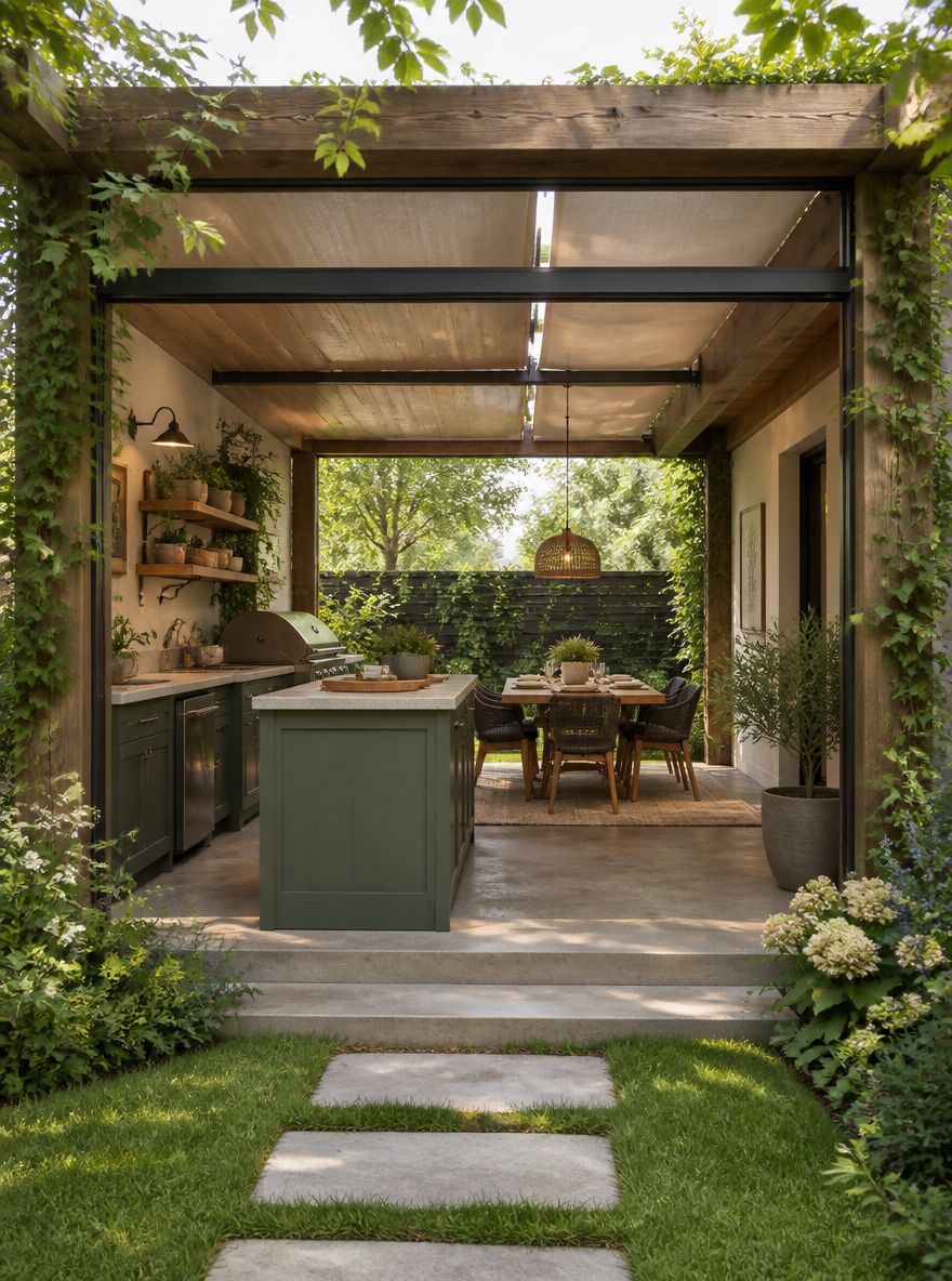 Paneles de sombra retráctiles en estructura de pérgola de madera