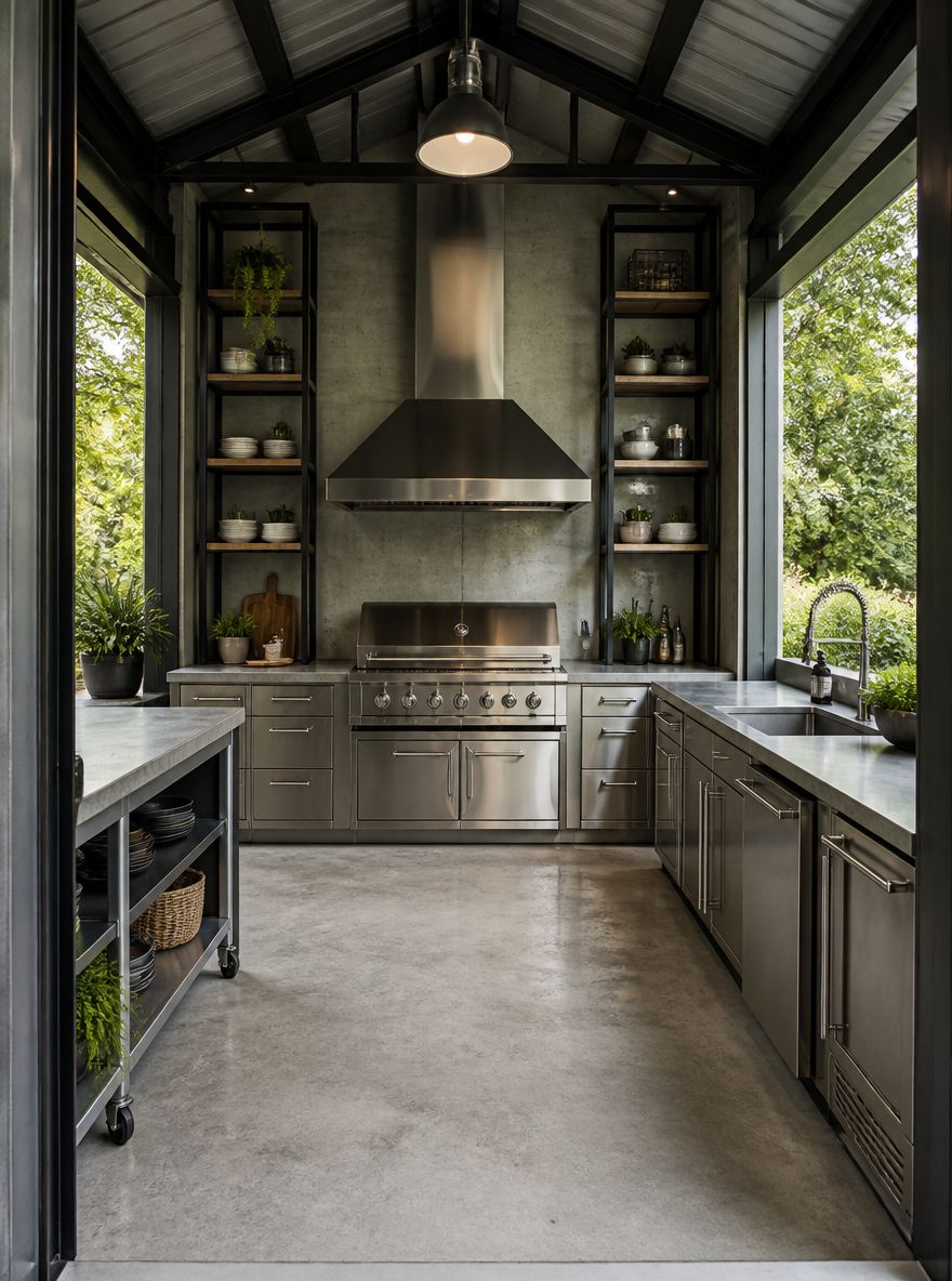Cocina exterior con campana industrial y laterales abiertos