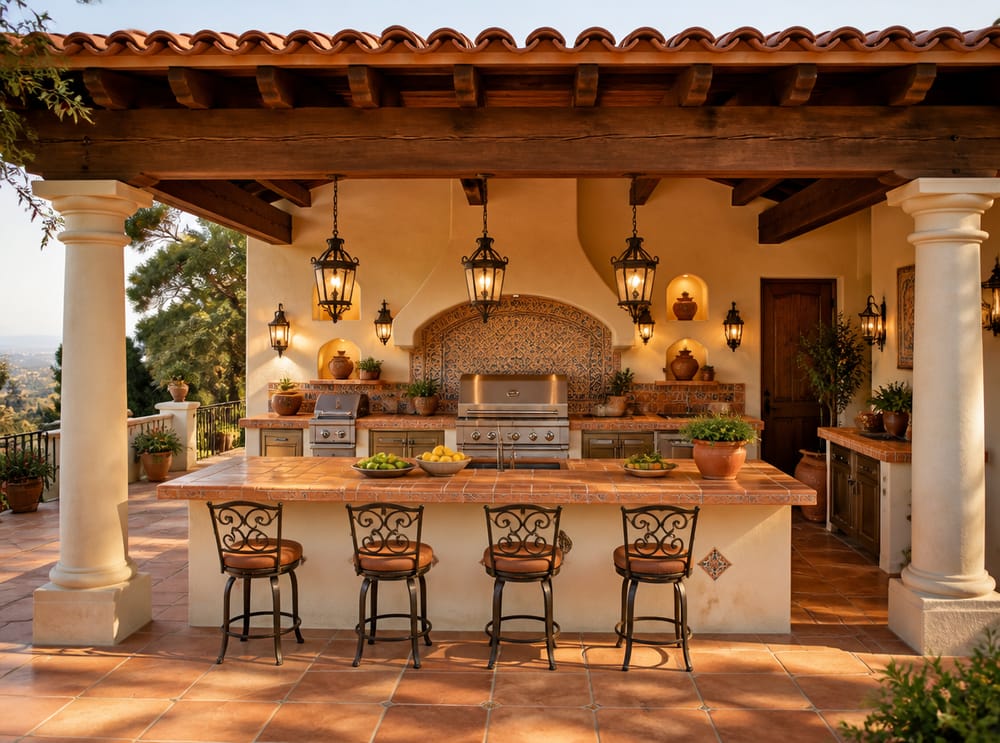Techo de teja de barro sobre cocina con mosaico