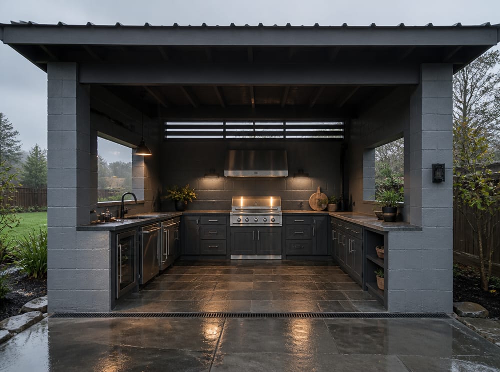 Cocina cerrada de tres lados con apertura para ventilación en el techo