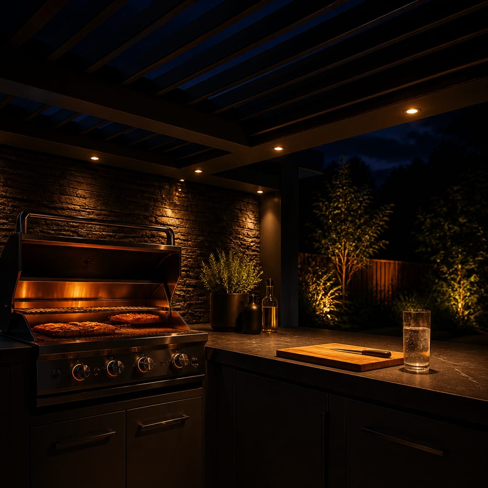 Pérgola de lamas iluminada con LED empotrados de noche