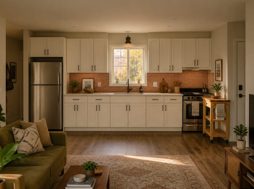 Cocina de una sola pared con carrito de preparación móvil junto a la estufa